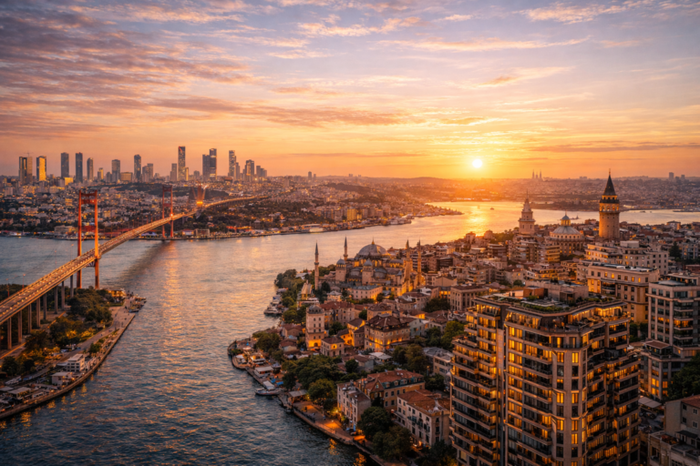 Istanbul real estate 2026 skyline view across Bosphorus with modern apartments and historical landmarks